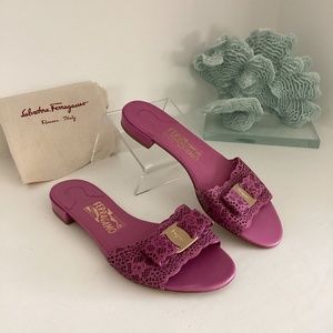 Salvatore Ferragamo Purple Leather Laser Cut Bow Accent Slides Sandals Shoes
